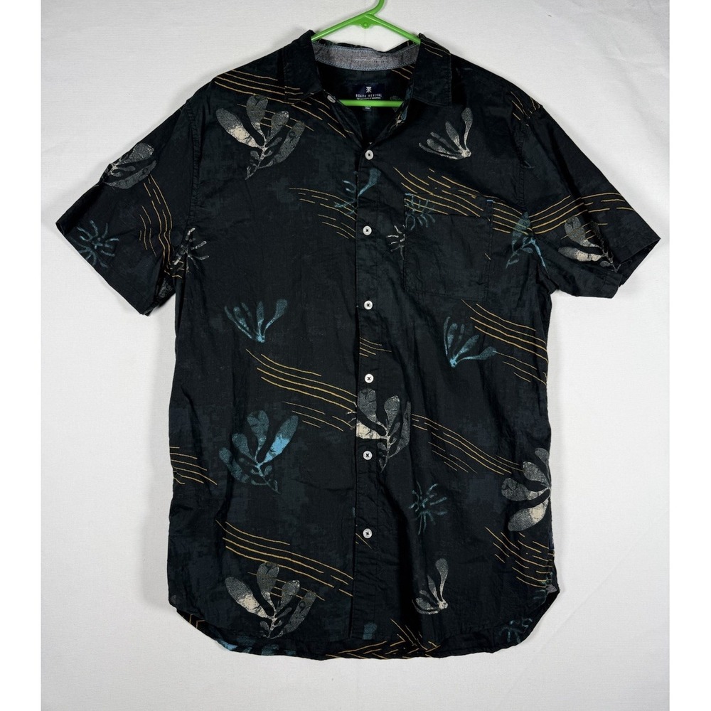 Roark Revival Bull Bay Shirt Men XL Black Floral Tropical Button Up Short Sleeve
